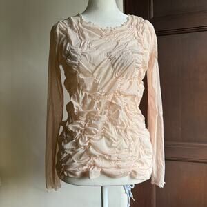 MOUSSY | Pink Sheer Mesh Shirring Long Sleeve Top | One Size